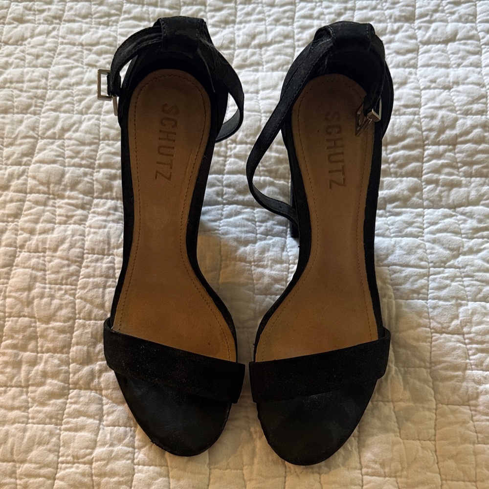 SCHUTZ Black Suede Open-Toe Ankle Strap Heels